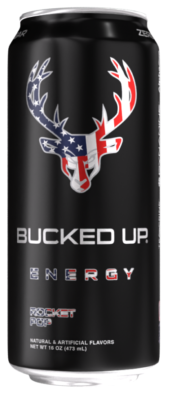 Bucked Up energy drink in a black can with an American flag buck logo, a Honickman Companies product of the New York Pepsi location